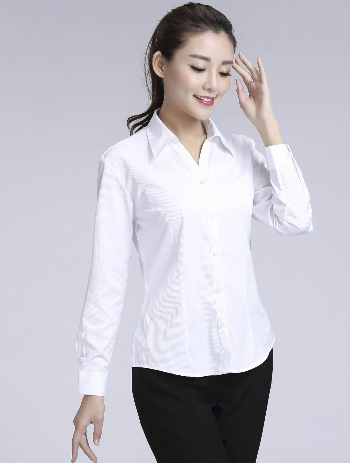 白色暗條紋女款滌棉翻領長袖修身襯衫-612#