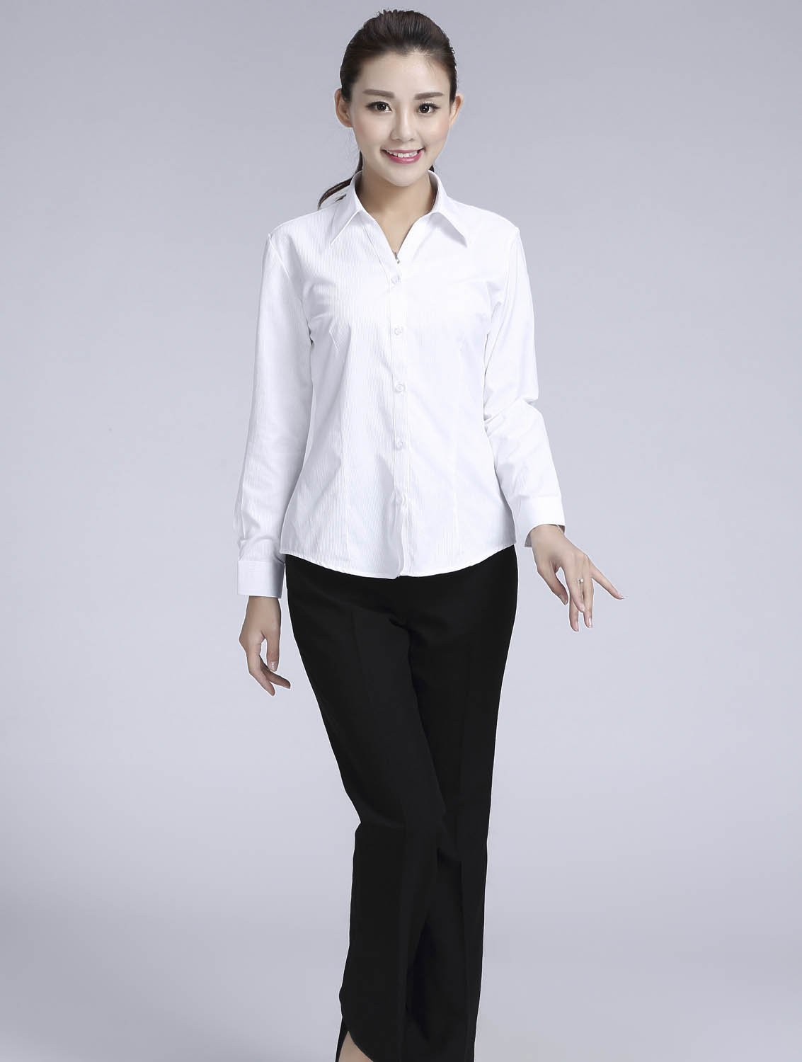 白色暗條紋女款滌棉翻領長袖修身襯衫-612#