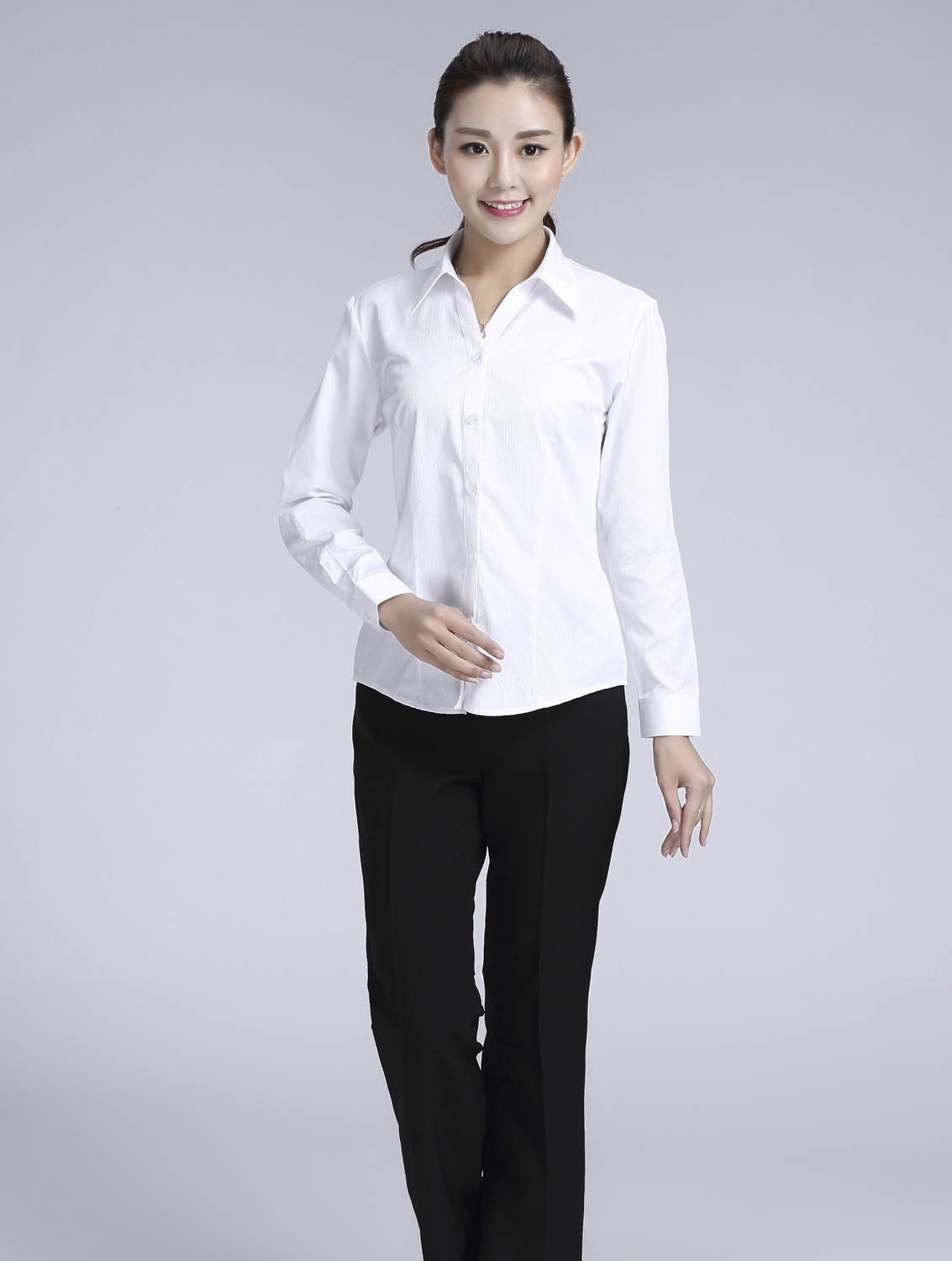 白色暗條紋女款滌棉翻領長袖修身襯衫-612#