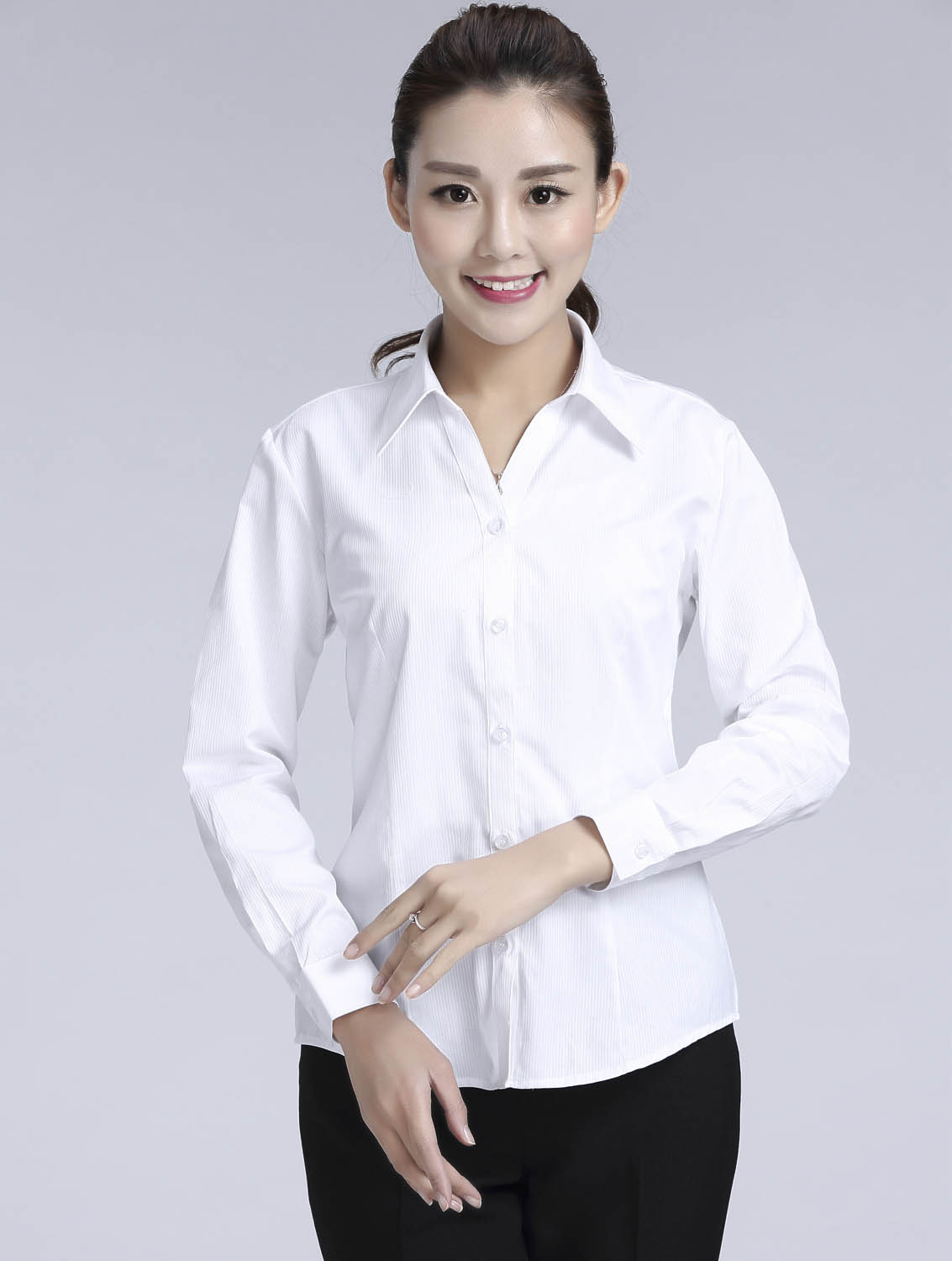 白色暗條紋女款滌棉翻領長袖修身襯衫-612#