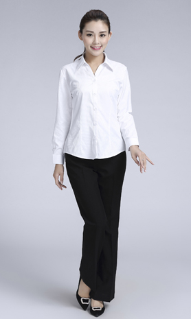 白色暗條紋女款滌棉翻領長袖修身襯衫-612#