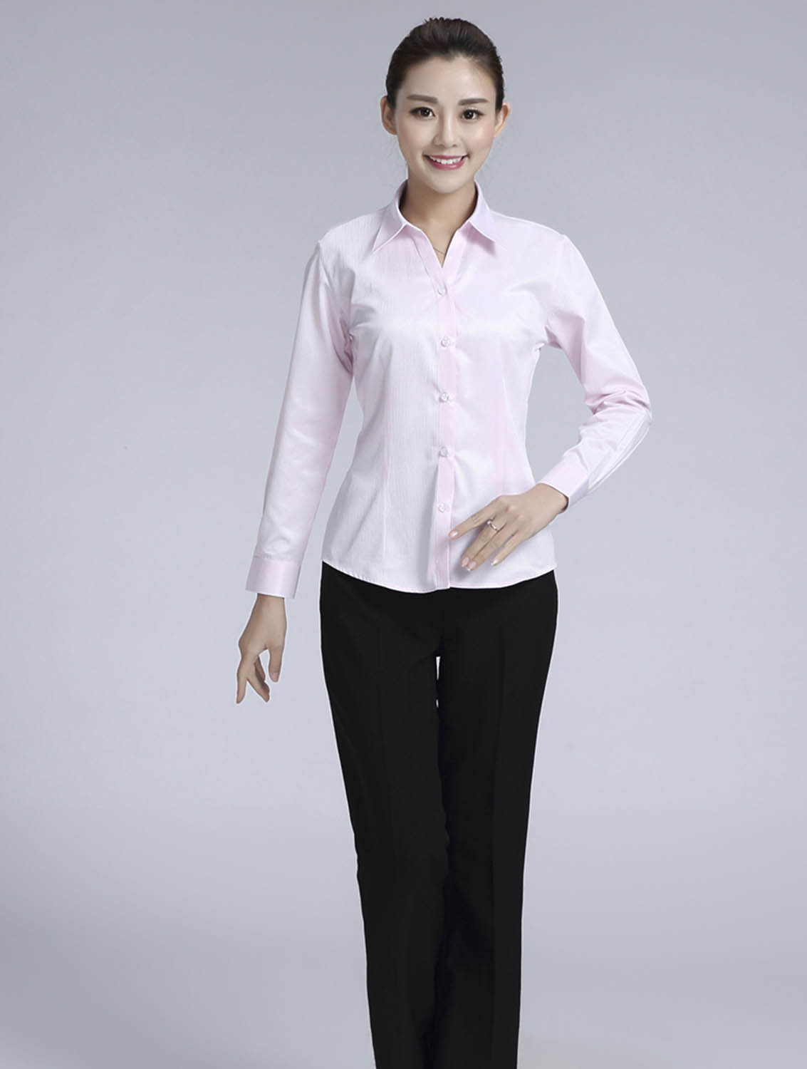 粉色暗條紋女款滌棉翻領長袖修身襯衫-613#