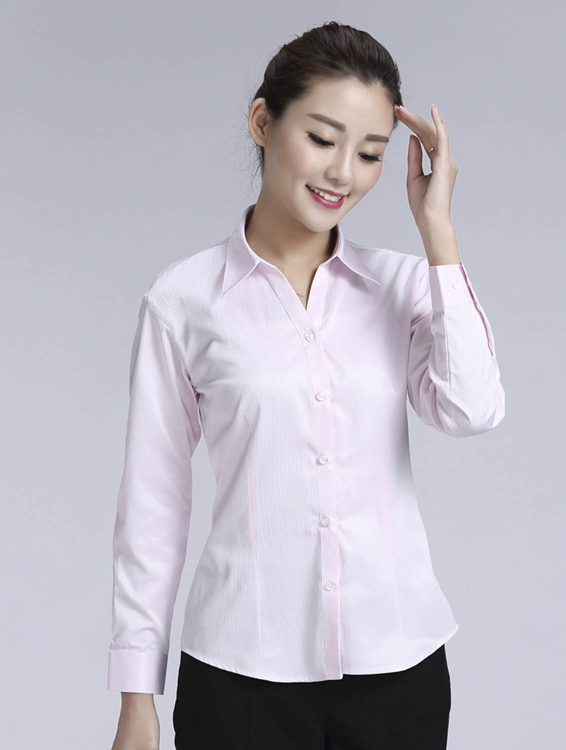 粉色暗條紋女款滌棉翻領長袖修身襯衫-613#