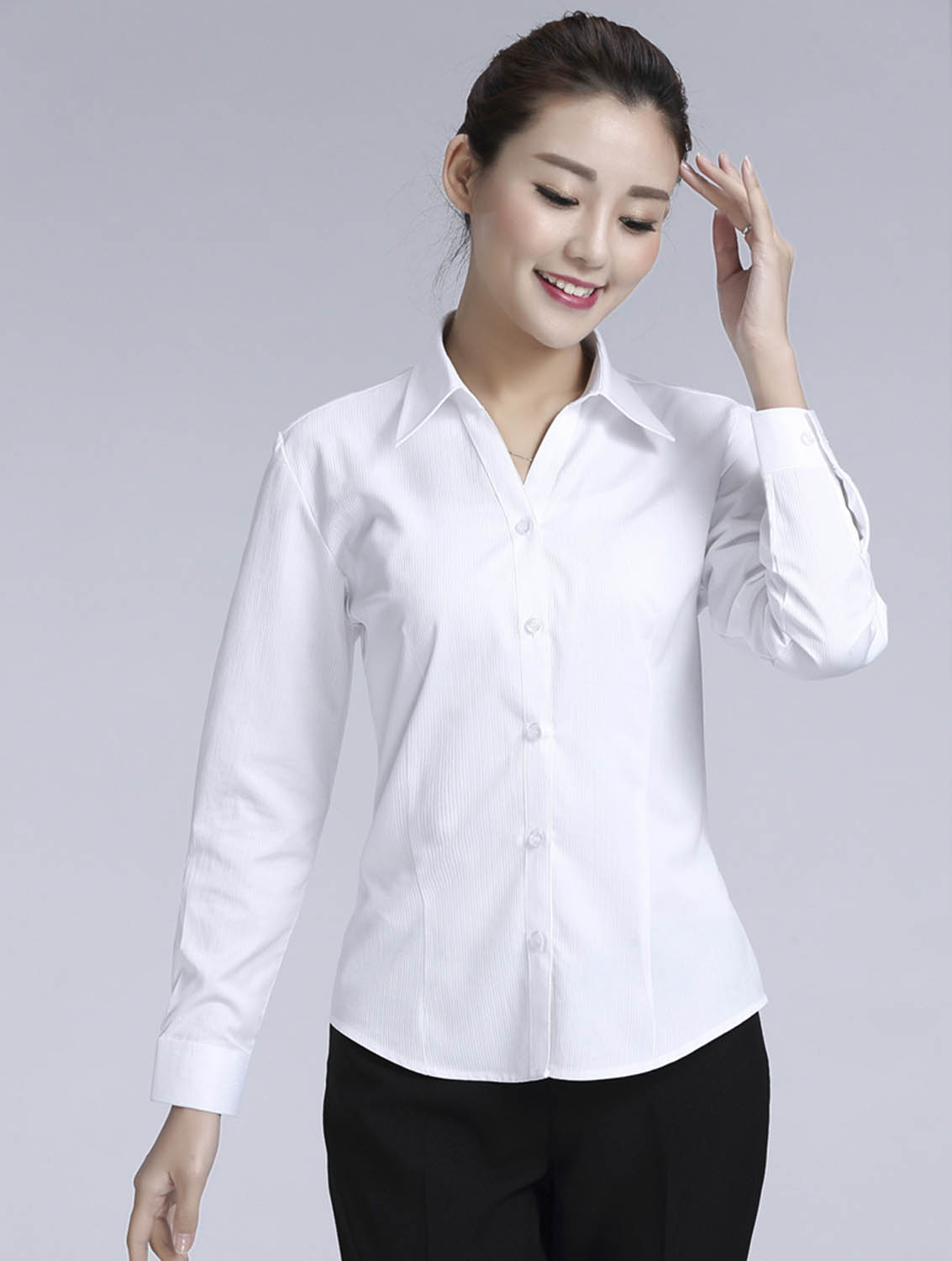 白色條紋女款滌棉翻領長袖修身襯衫-614#