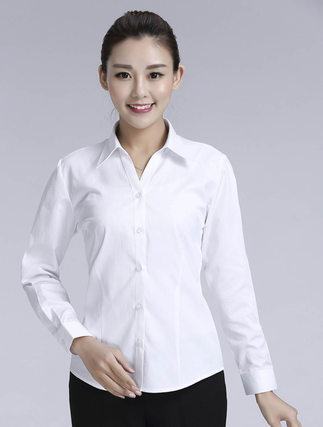 白色條紋女款滌棉翻領長袖修身襯衫-614#