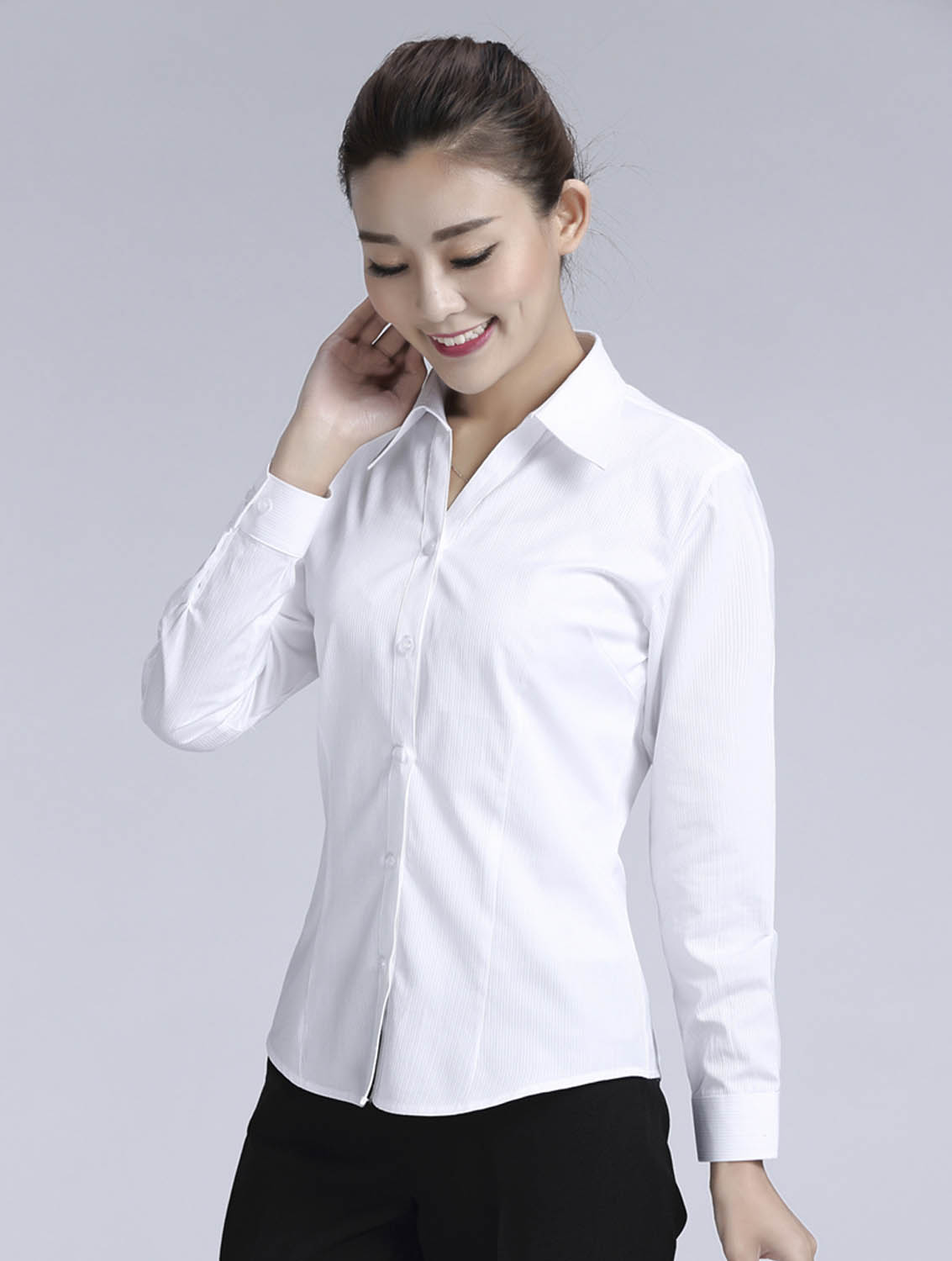白色條紋女款滌棉翻領長袖修身襯衫-614#