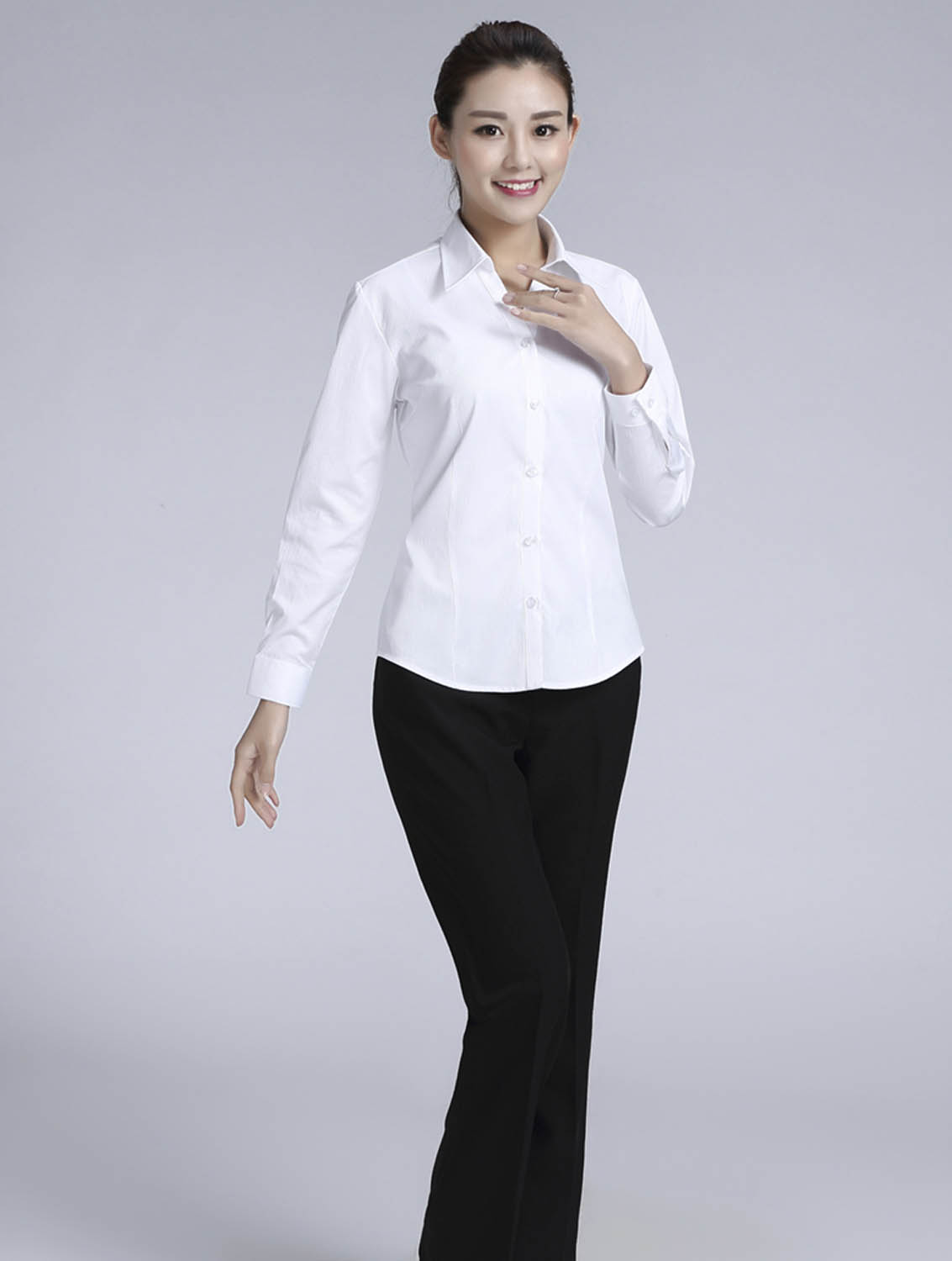 白色條紋女款滌棉翻領長袖修身襯衫-614#