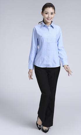 藍色女款牛津紡透氣翻領長袖修身襯衫-615#