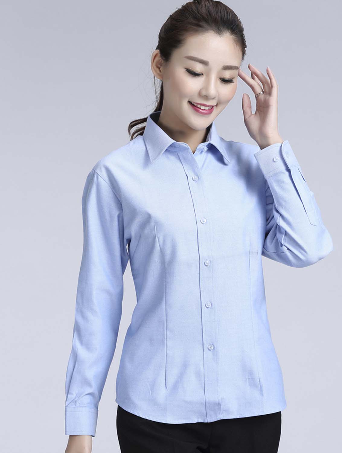 藍色女款牛津紡透氣翻領長袖修身襯衫-615#