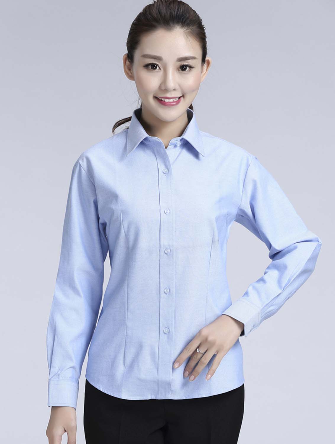 藍色女款牛津紡透氣翻領長袖修身襯衫-615#