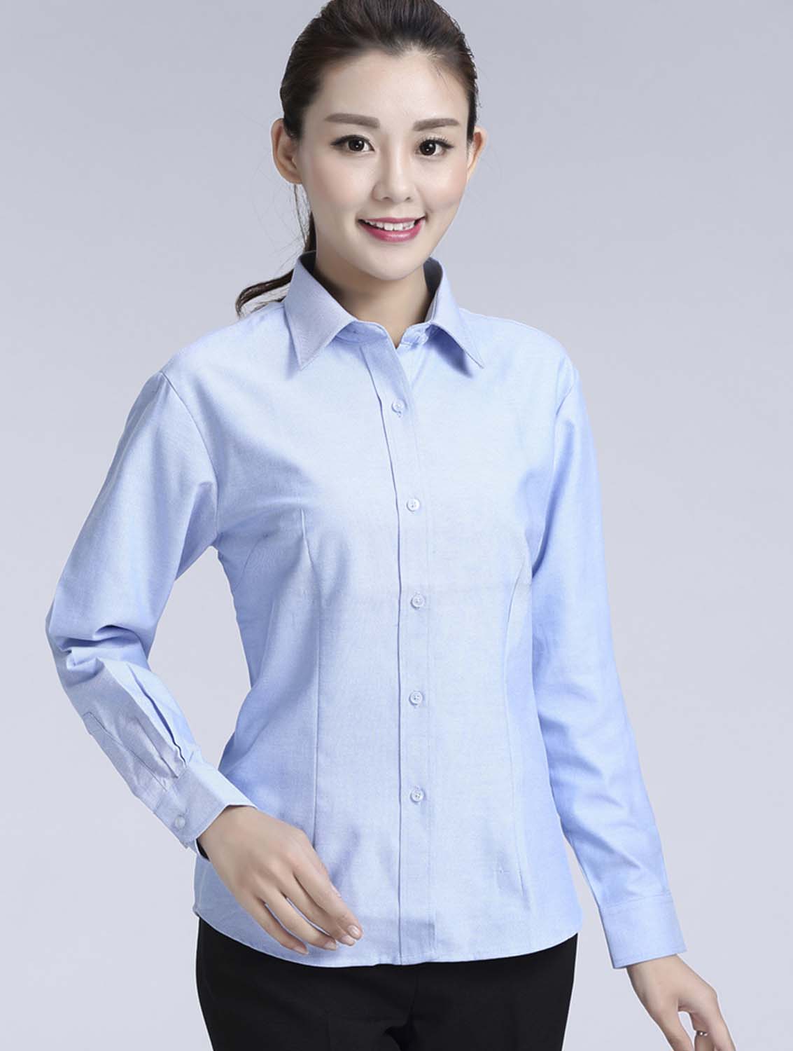 藍色女款牛津紡透氣翻領長袖修身襯衫-615#