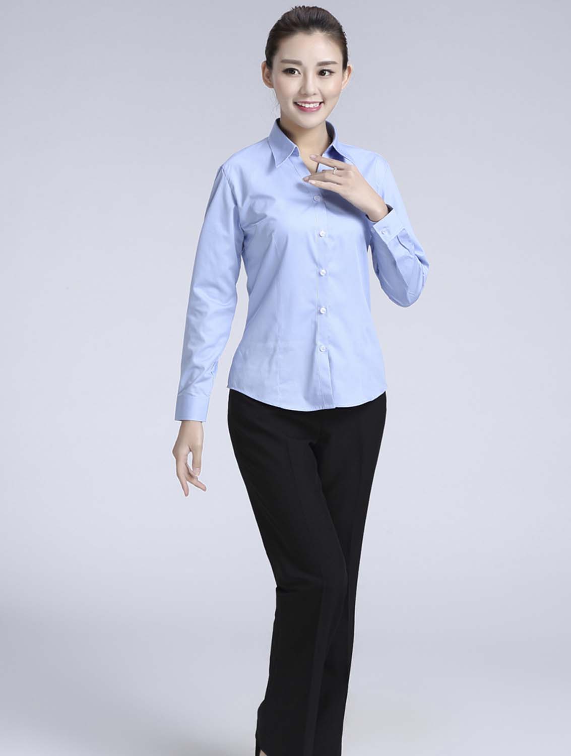 藍色女款滌棉翻領長袖修身襯衫-616#