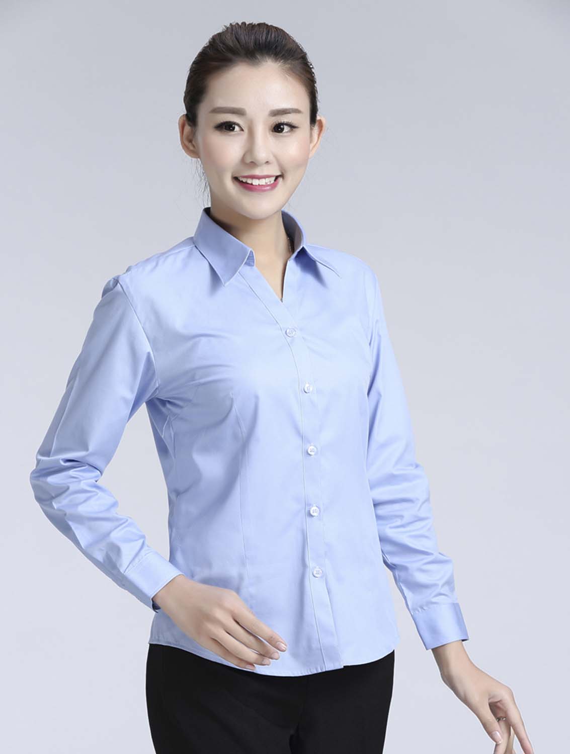 藍色女款滌棉翻領長袖修身襯衫-616#