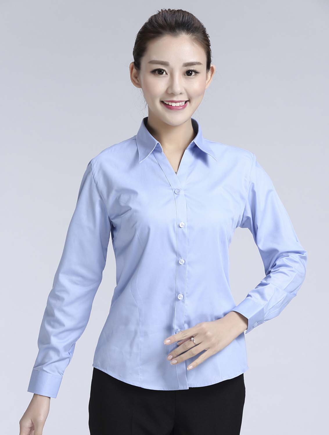 藍色女款滌棉翻領長袖修身襯衫-616#