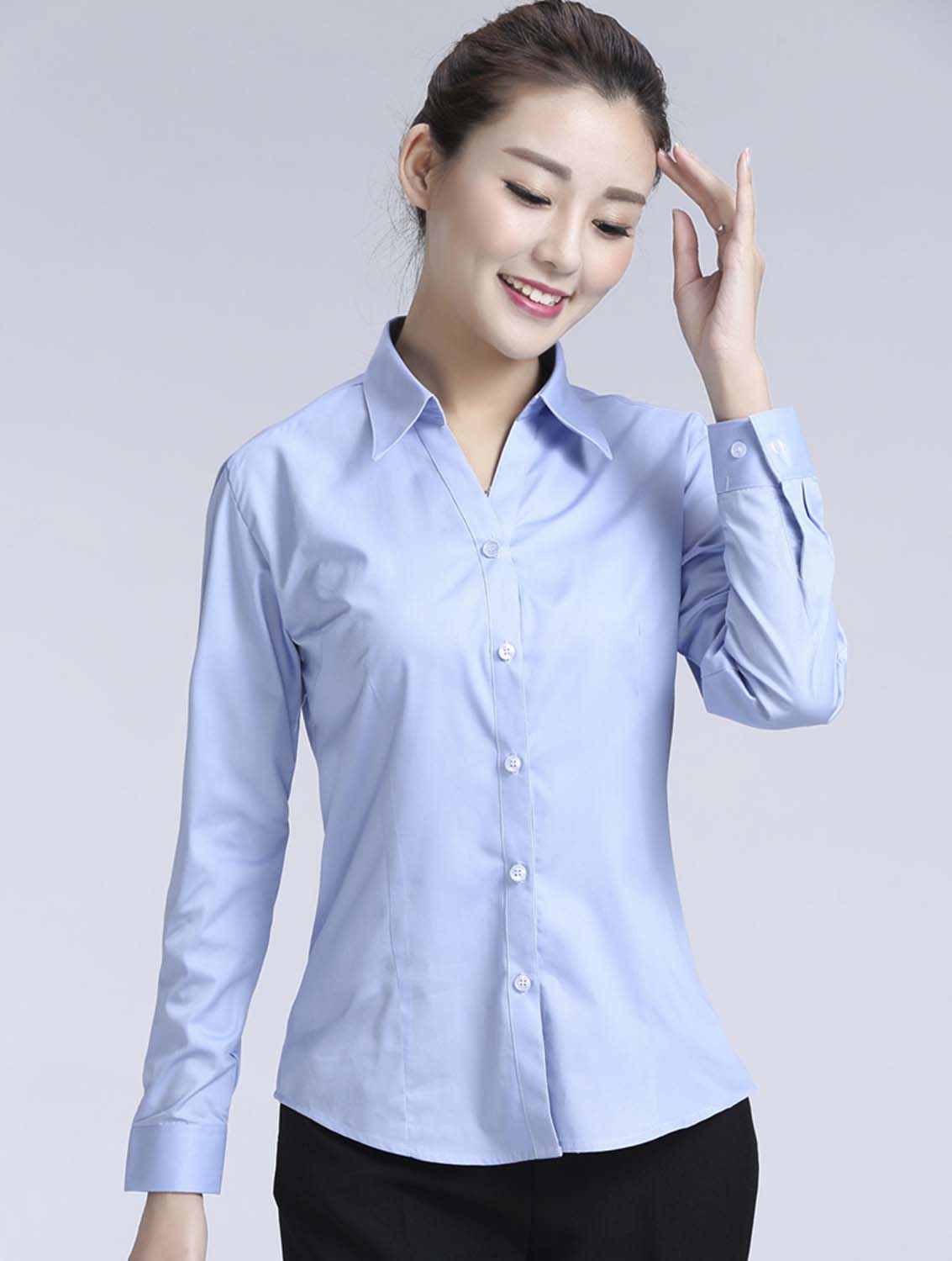 藍色女款滌棉翻領長袖修身襯衫-616#