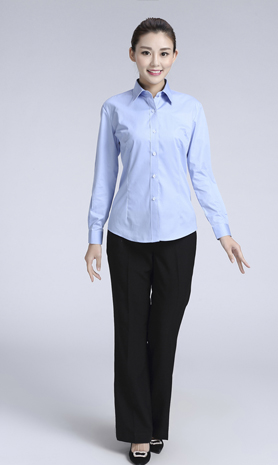 藍色女款滌棉翻領長袖正裝修身襯衫-617#