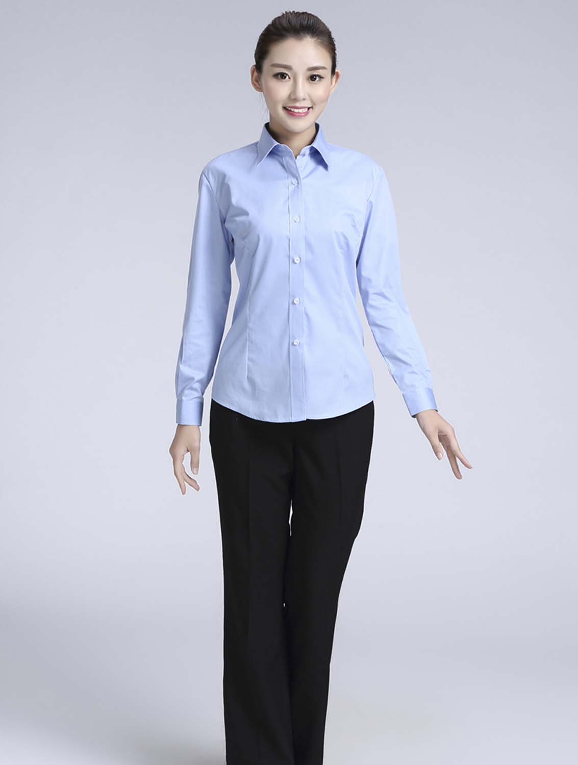 藍色女款滌棉翻領長袖正裝修身襯衫-617#