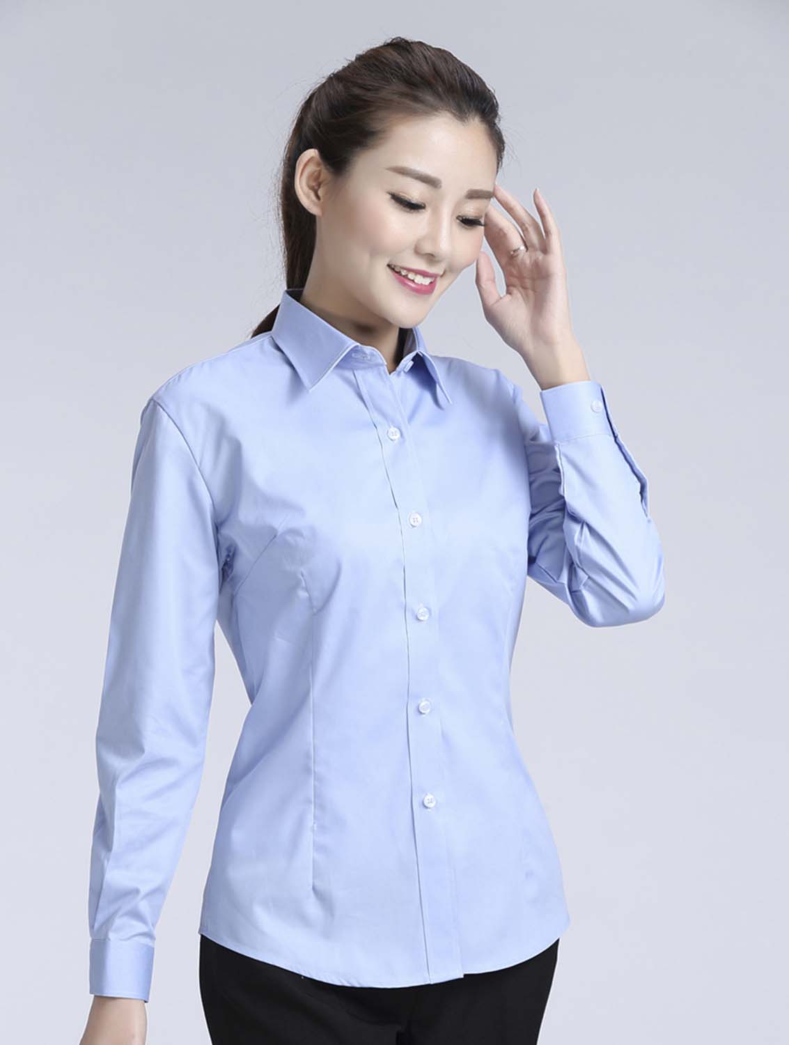 藍色女款滌棉翻領長袖正裝修身襯衫-617#