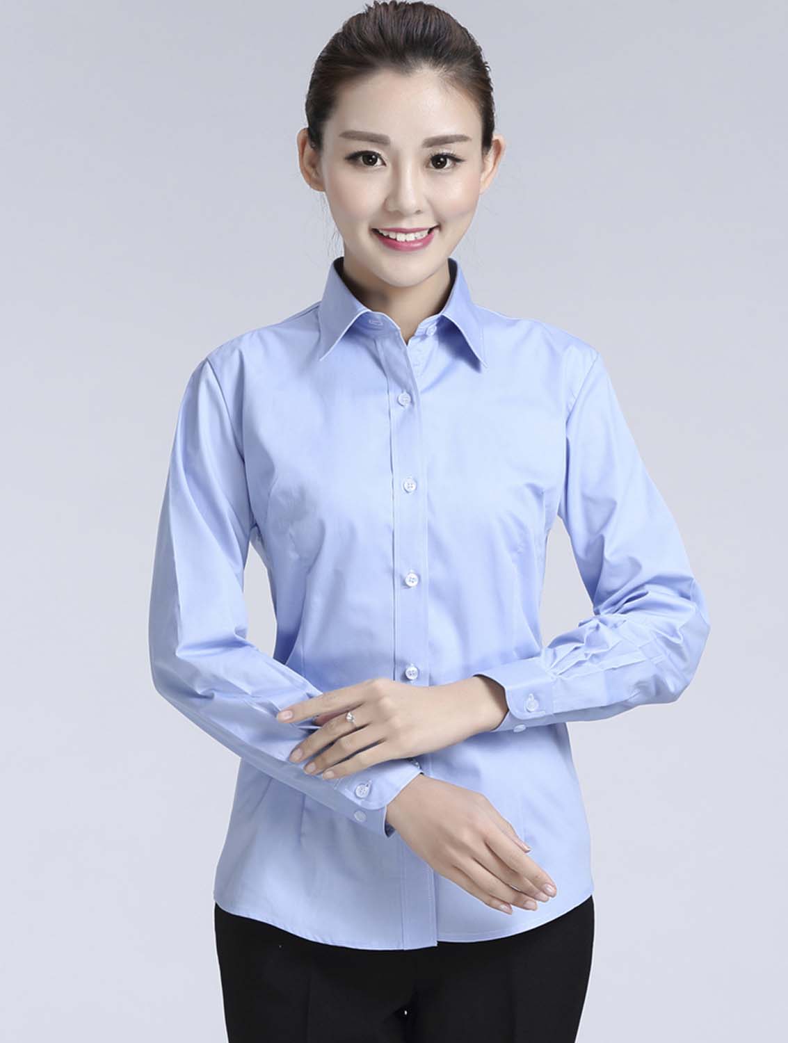 藍色女款滌棉翻領長袖正裝修身襯衫-617#