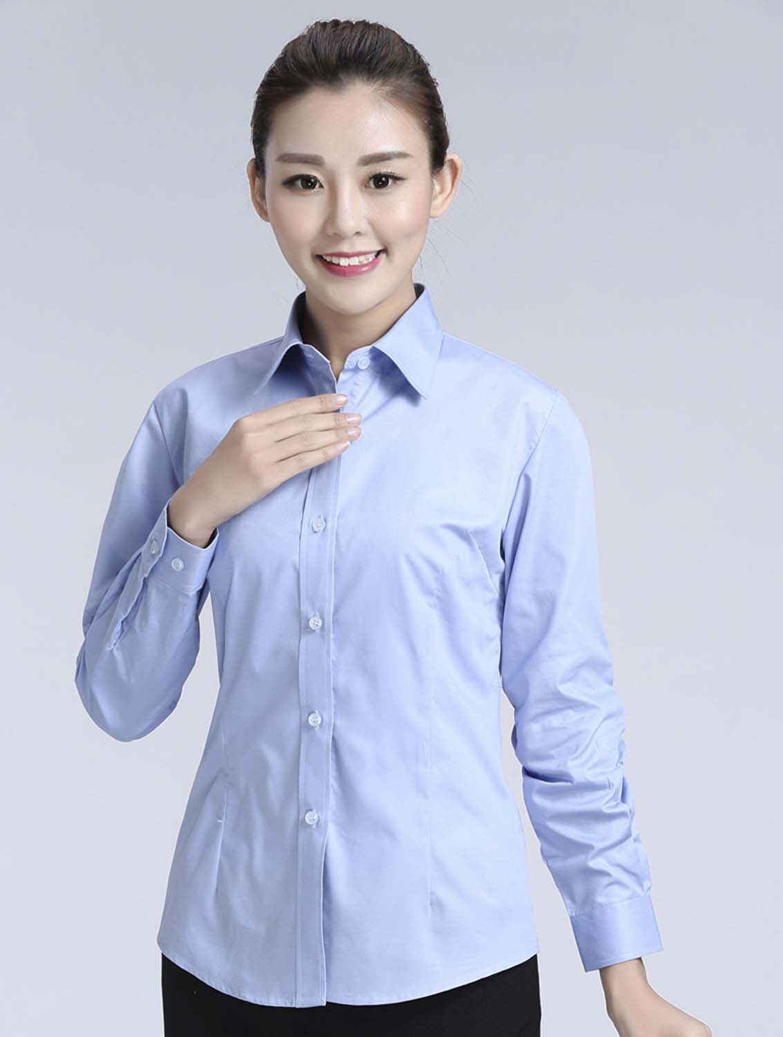 藍色女款滌棉翻領長袖正裝修身襯衫-617#