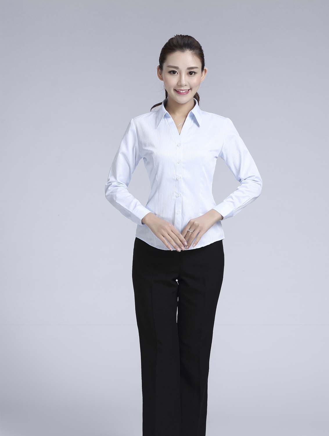 藍色暗條紋女款滌棉翻領長袖修身襯衫-618#