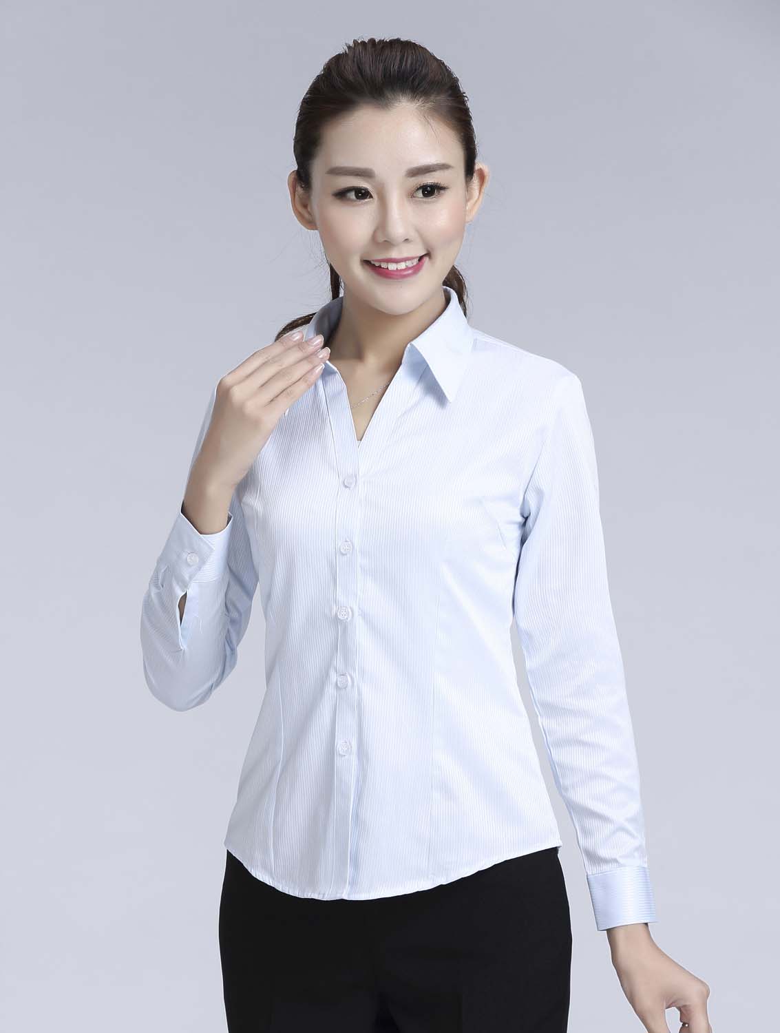 藍色暗條紋女款滌棉翻領長袖修身襯衫-618#