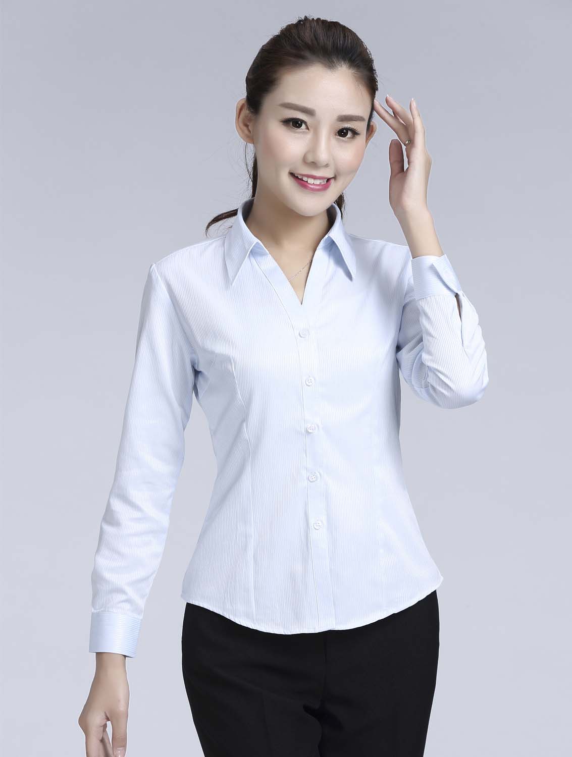 藍色暗條紋女款滌棉翻領長袖修身襯衫-618#