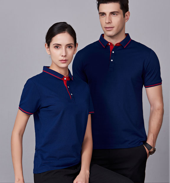 夏季藏藍色男女同款桑蠶絲翻領修身商務休閑T恤衫/polo衫-1878#