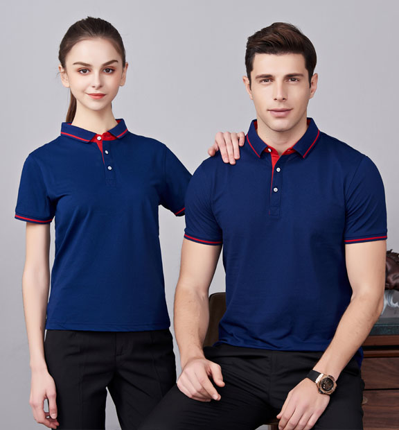 夏季藏藍色男女同款桑蠶絲翻領修身商務休閑T恤衫/polo衫-1878#