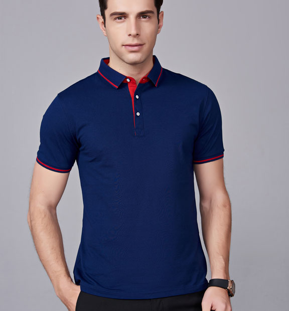 夏季藏藍色男女同款桑蠶絲翻領修身商務休閑T恤衫/polo衫-1878#