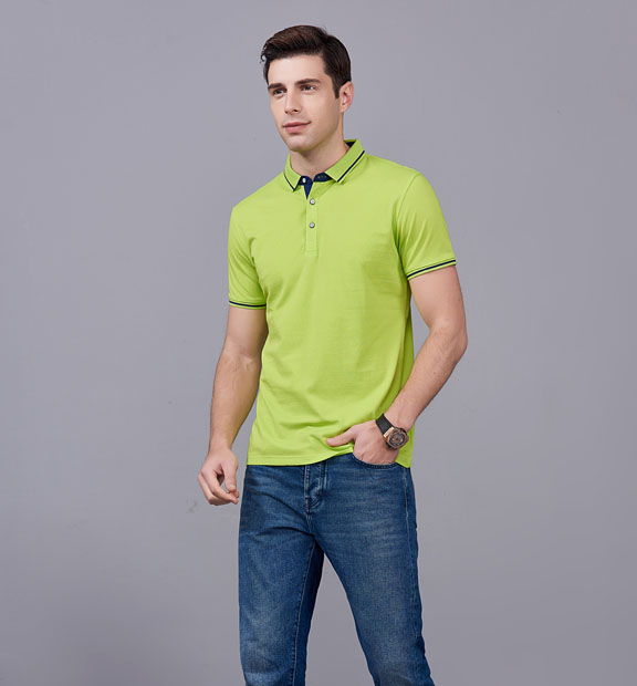 夏季果綠色男女同款桑蠶絲翻領(lǐng)修身休閑T恤衫/polo衫-1878#
