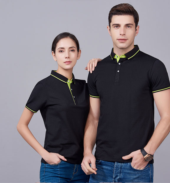夏季黑色男女同款桑蠶絲翻領修身商務T恤衫/polo衫-1878#