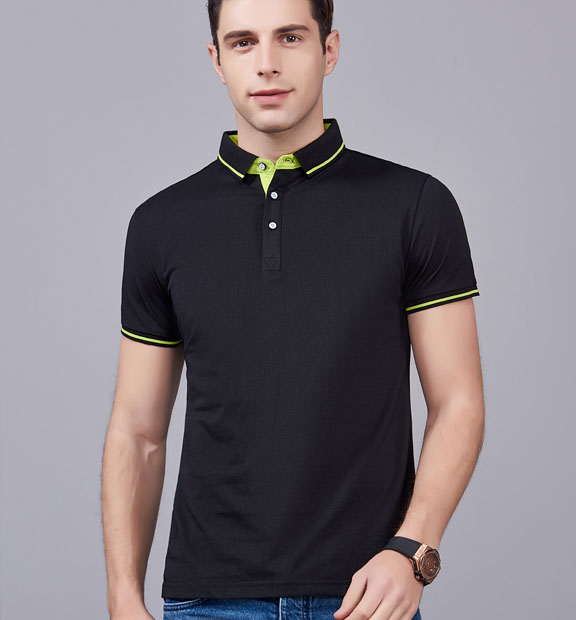 夏季黑色男女同款桑蠶絲翻領修身商務T恤衫/polo衫-1878#