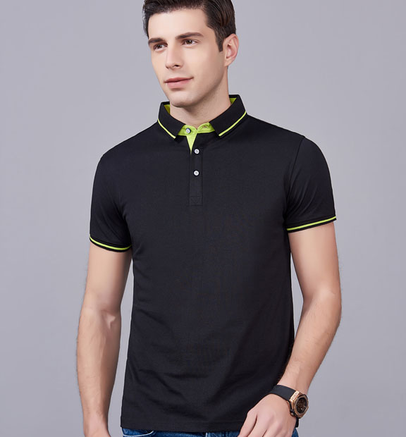 夏季黑色男女同款桑蠶絲翻領修身商務T恤衫/polo衫-1878#