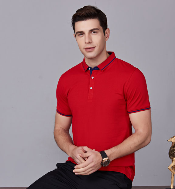 夏季紅色男女同款桑蠶絲翻領修身T恤衫/polo衫-1878#