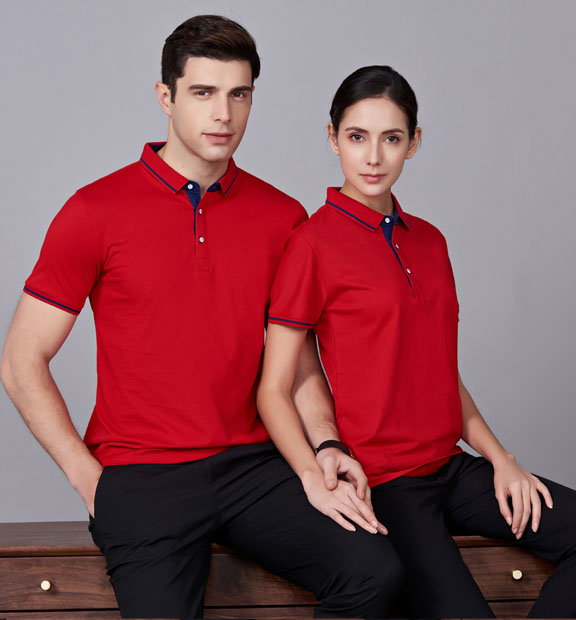 夏季紅色男女同款桑蠶絲翻領修身T恤衫/polo衫-1878#