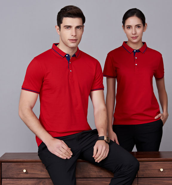 夏季紅色男女同款桑蠶絲翻領修身T恤衫/polo衫-1878#
