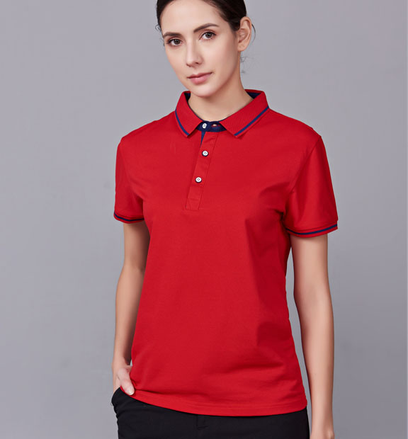 夏季紅色男女同款桑蠶絲翻領修身T恤衫/polo衫-1878#