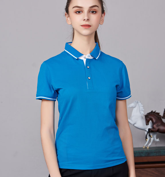 夏季湖藍(lán)色男女同款桑蠶絲翻領(lǐng)修身T恤衫/polo衫-1878#