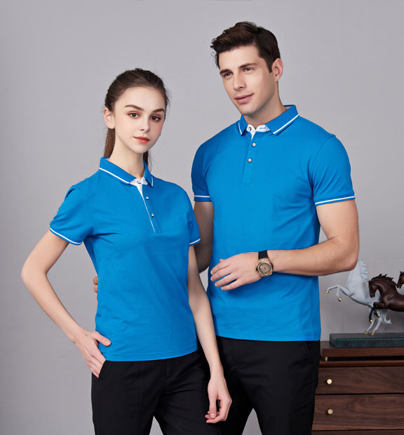 夏季湖藍(lán)色男女同款桑蠶絲翻領(lǐng)修身T恤衫/polo衫-1878#