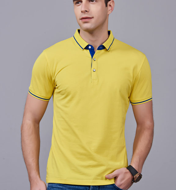 夏季黃色男女同款桑蠶絲翻領修身T恤衫/polo衫-1878#