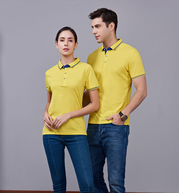 夏季黃色男女同款桑蠶絲翻領修身T恤衫/polo衫-1878#
