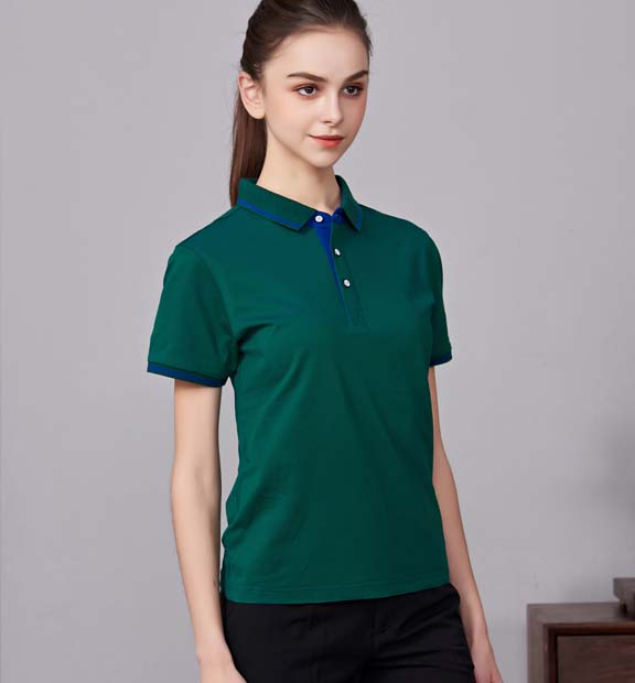 夏季軍綠色男女同款桑蠶絲翻領修身T恤衫/polo衫-1878#