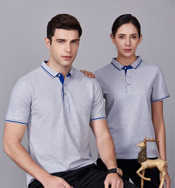 夏季麻灰色男女同款桑蠶絲翻領修身T恤衫/polo衫-1878#