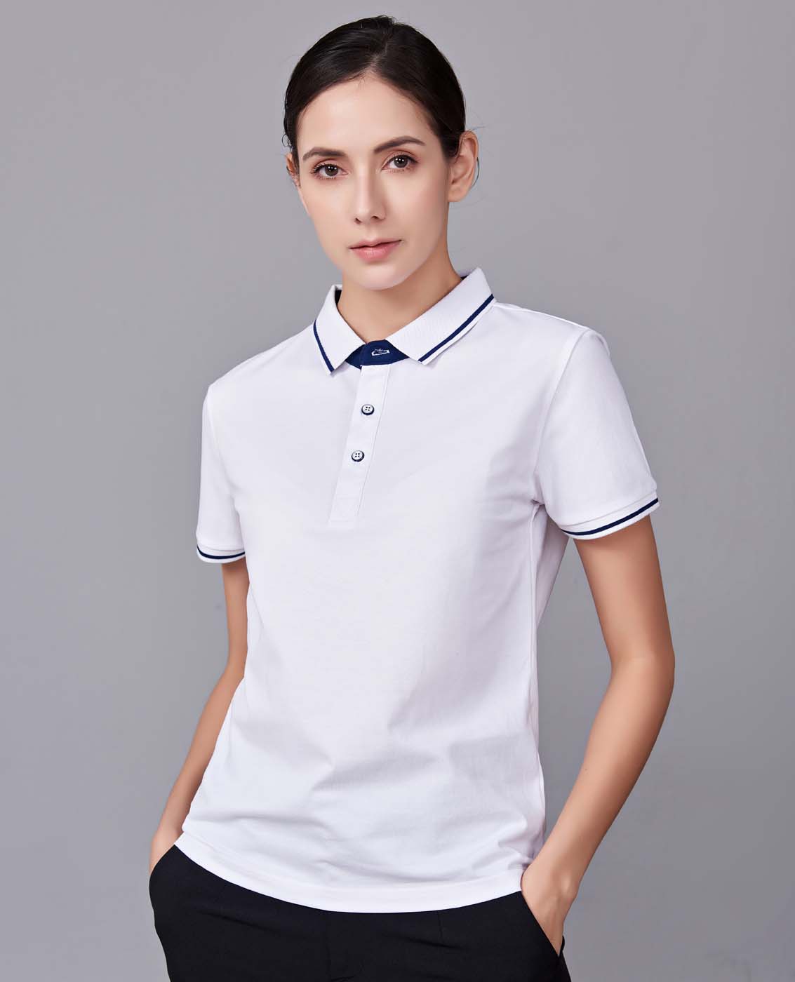 夏季白色男女同款桑蠶絲翻領修身商務休閑T恤衫/polo衫