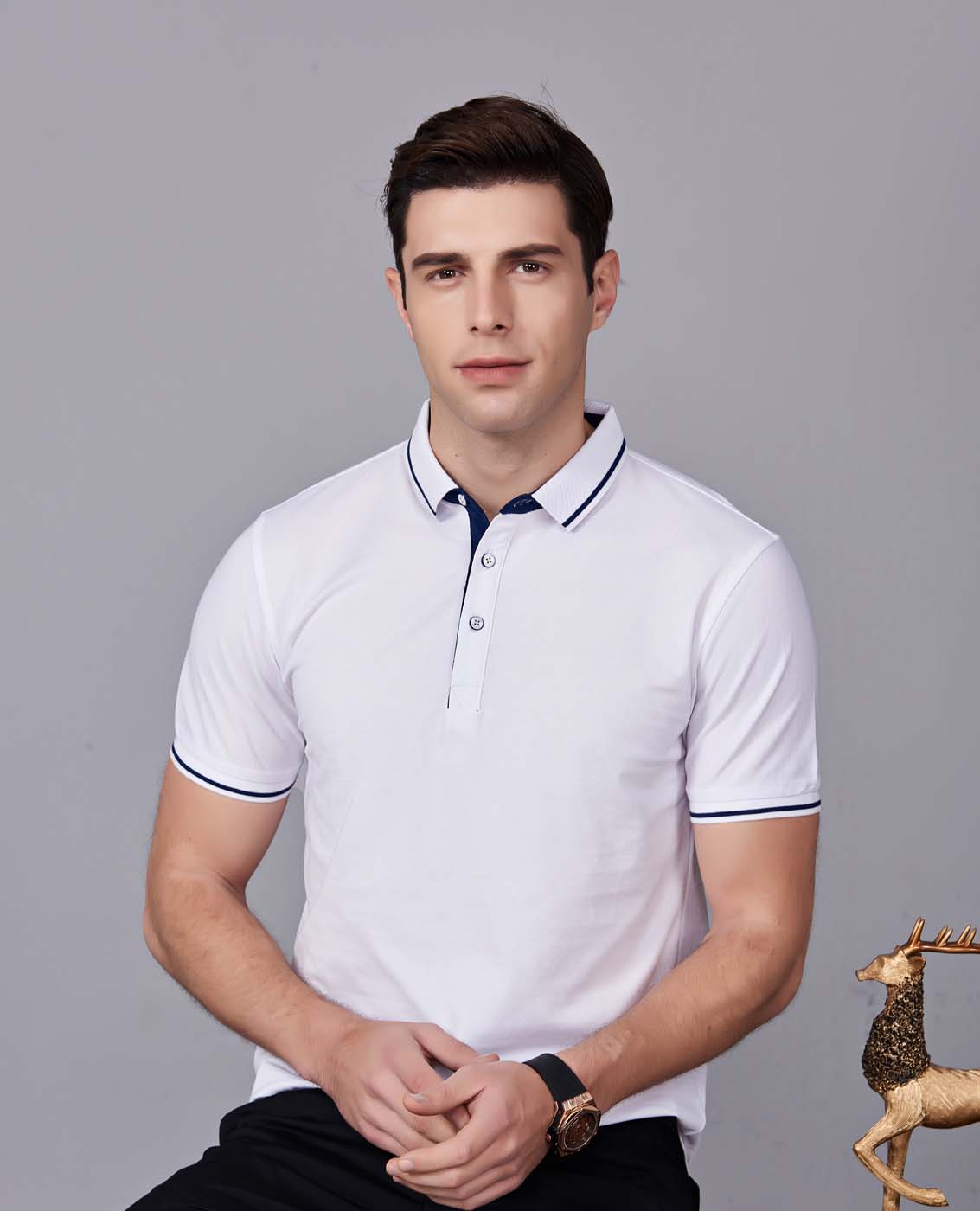 夏季白色男女同款桑蠶絲翻領修身商務休閑T恤衫/polo衫