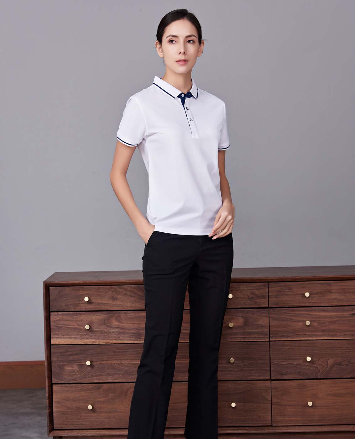 夏季白色男女同款桑蠶絲翻領修身商務休閑T恤衫/polo衫