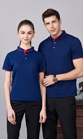 夏季藏藍色男女同款桑蠶絲翻領修身商務休閑T恤衫/polo衫-1878#