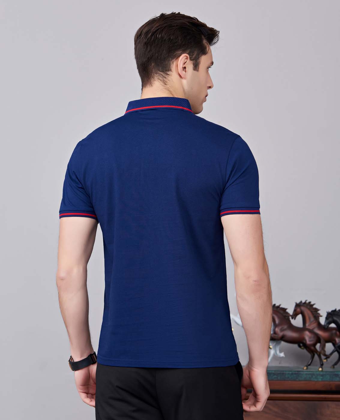 夏季藏藍色男女同款桑蠶絲翻領修身商務休閑T恤衫/polo衫-1878#