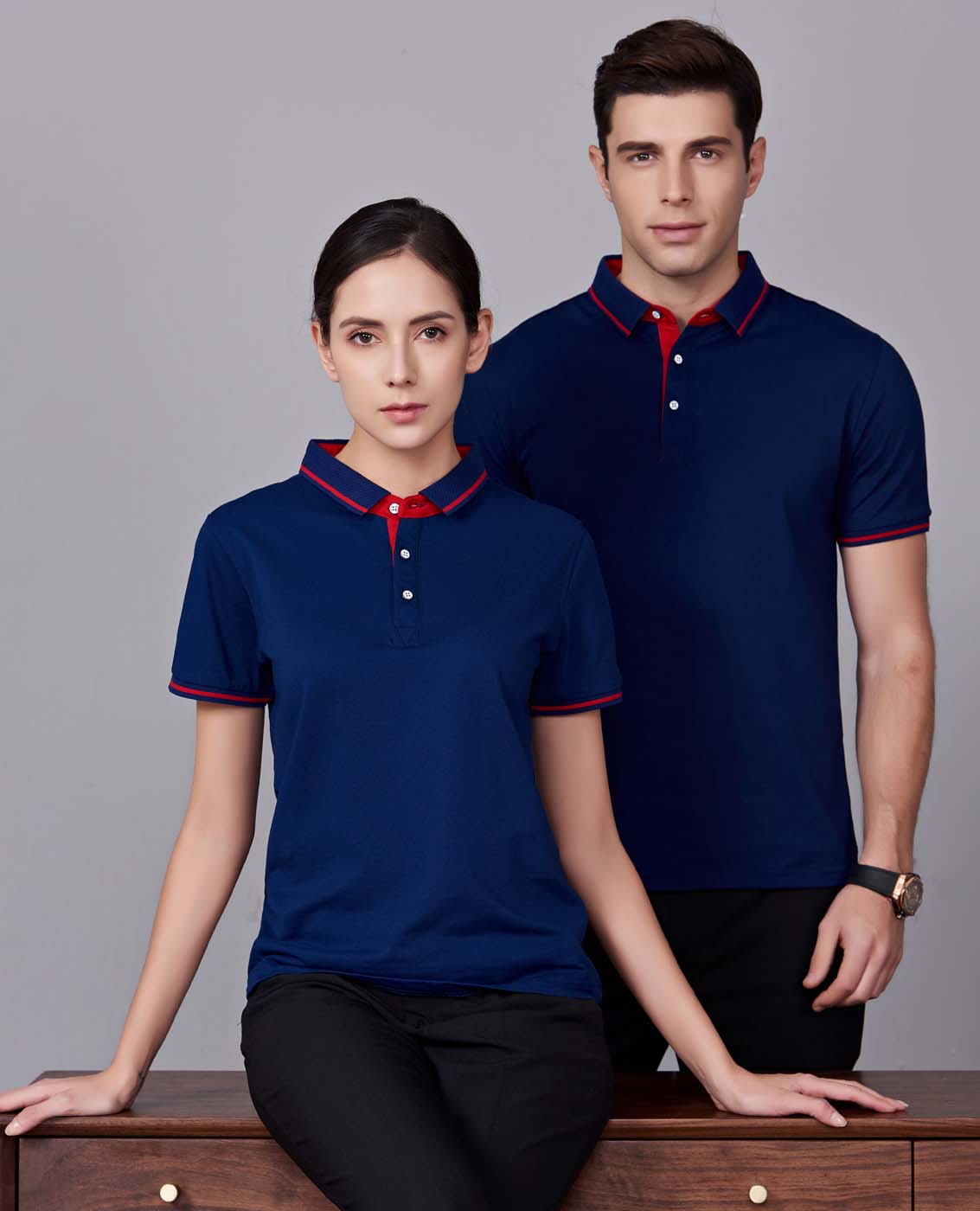 夏季藏藍色男女同款桑蠶絲翻領修身商務休閑T恤衫/polo衫-1878#